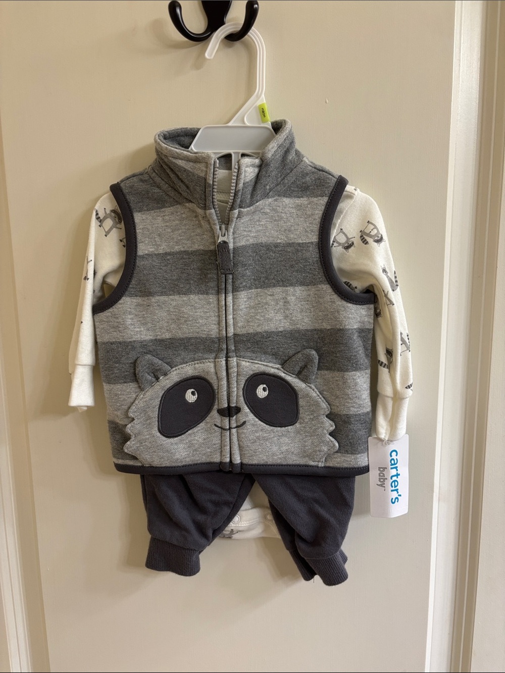 Carter's Gray Raccoon Vest Set with Cream Top and Charcoal Pants - 3M - NWT